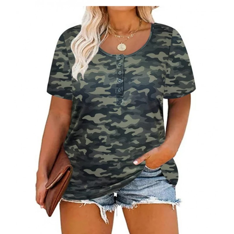 Women Fashion Casual Floral Print Round Neck Short Sleeve T-Shirt