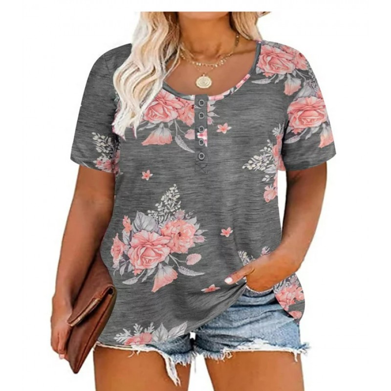 Women Fashion Casual Floral Print Round Neck Short Sleeve T-Shirt