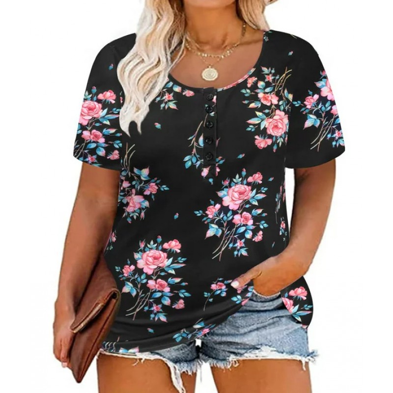 Women Fashion Casual Floral Print Round Neck Short Sleeve T-Shirt