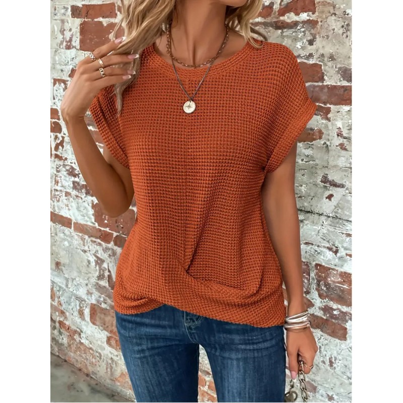 Summer Women Fashion Solid Color Waffle Round Neck Short Sleeve Top