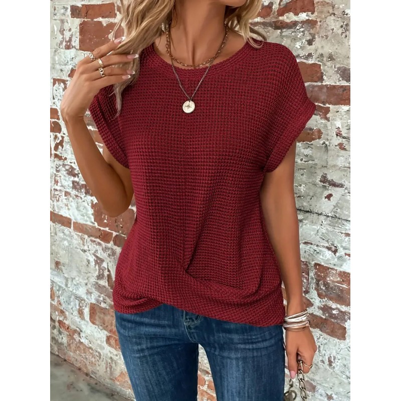 Summer Women Fashion Solid Color Waffle Round Neck Short Sleeve Top