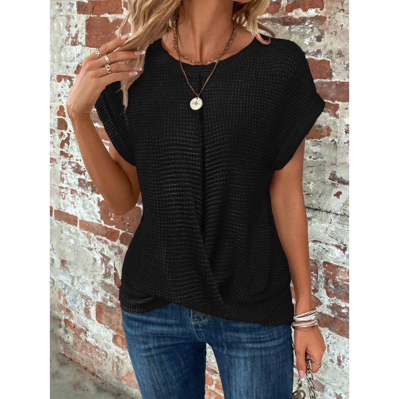 Summer Women Fashion Solid Color Waffle Round Neck Short Sleeve Top