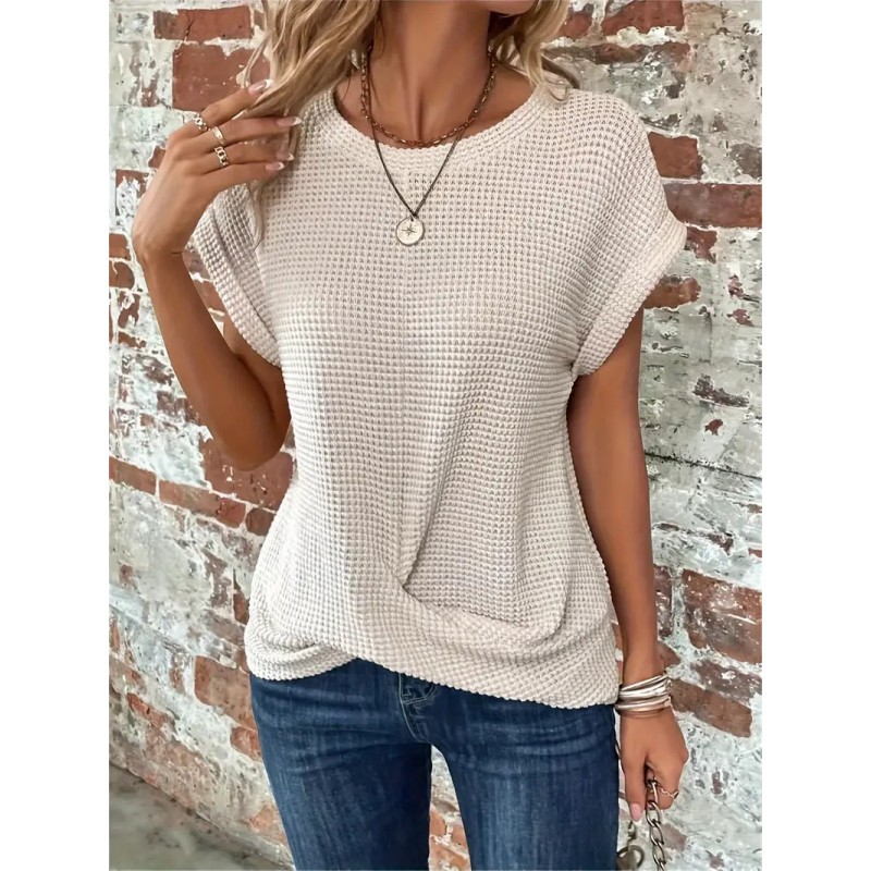 Summer Women Fashion Solid Color Waffle Round Neck Short Sleeve Top