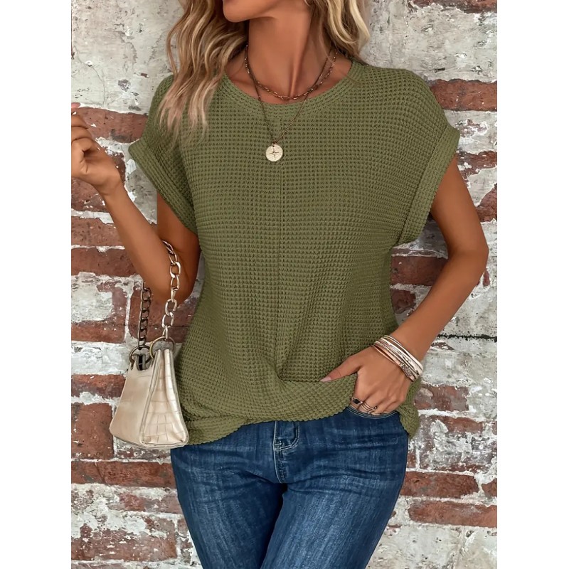 Summer Women Fashion Solid Color Waffle Round Neck Short Sleeve Top