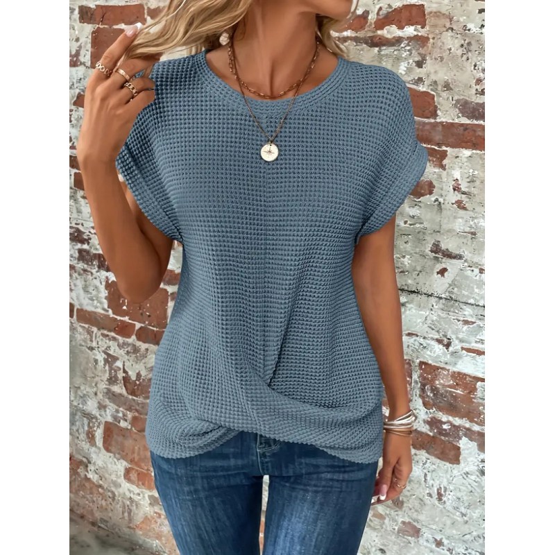 Summer Women Fashion Solid Color Waffle Round Neck Short Sleeve Top