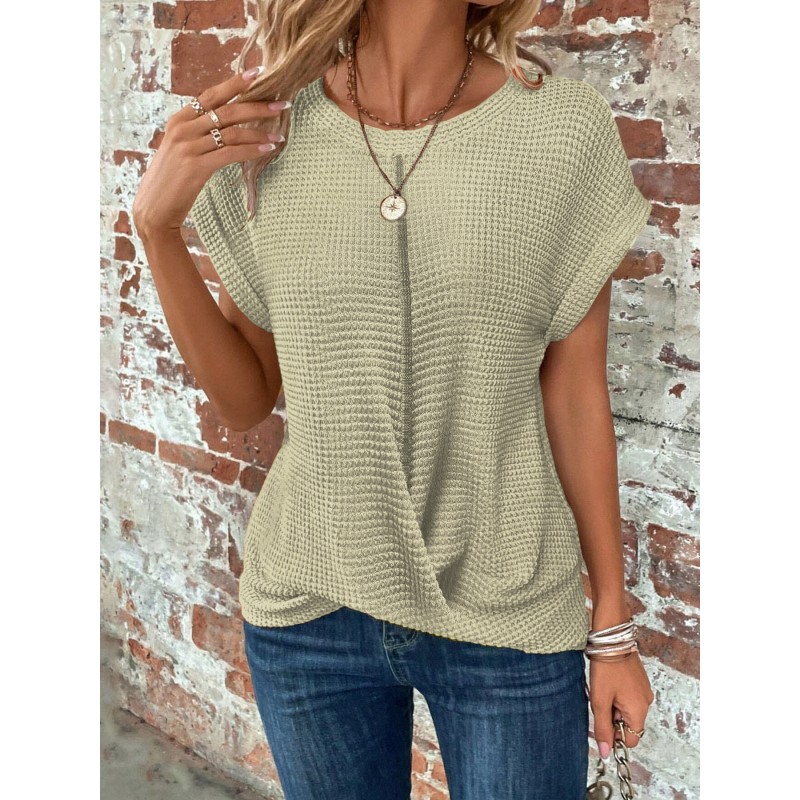 Summer Women Fashion Solid Color Waffle Round Neck Short Sleeve Top