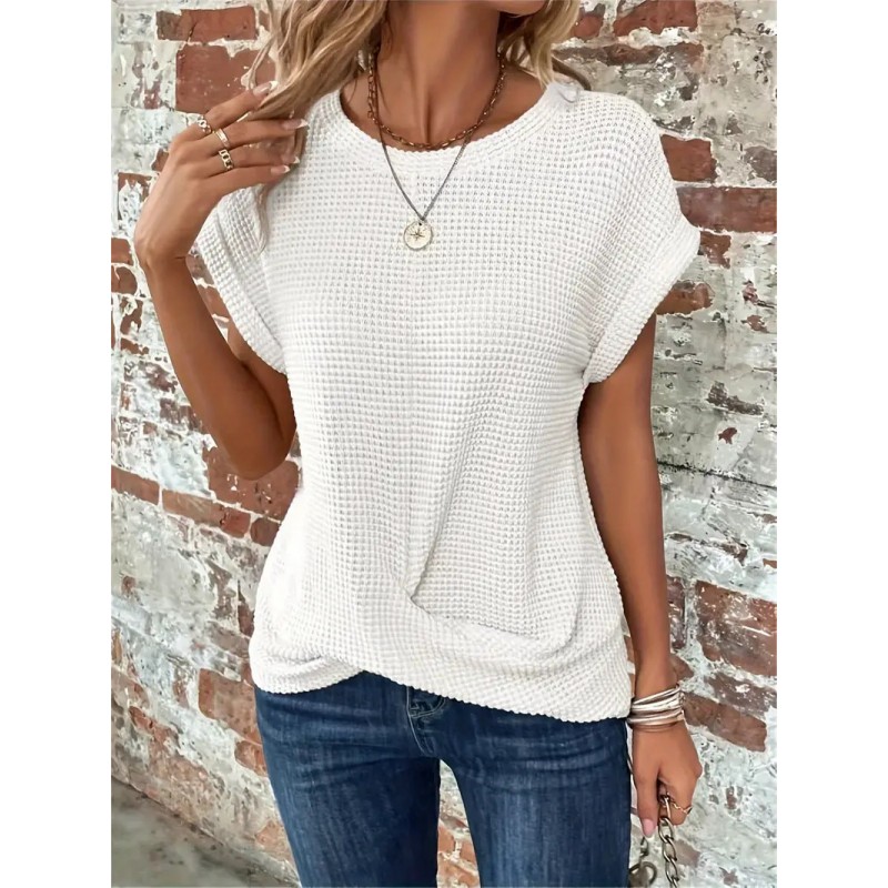 Summer Women Fashion Solid Color Waffle Round Neck Short Sleeve Top