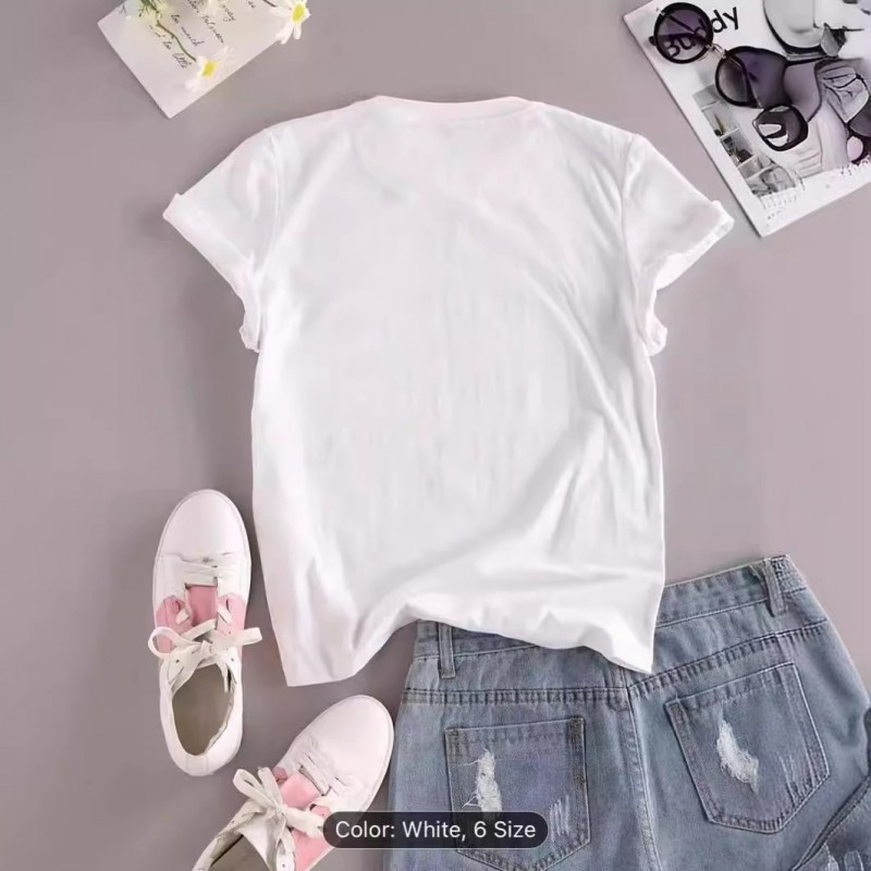 Summer Women Fashion Cartoon Girl With Hat Print Round Neck Short Sleeve T-Shirt