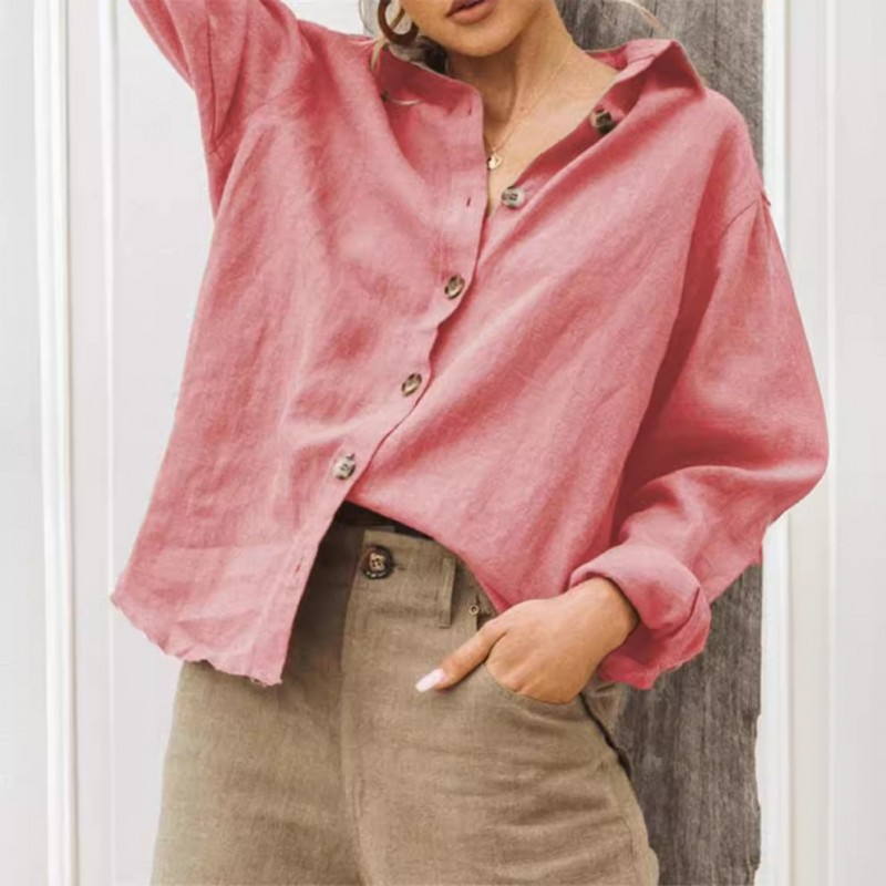 Women Fashion Solid Color Long Sleeve Cotton Linen...