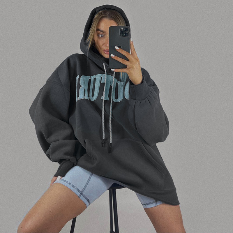Women Fashion Letter Embroidered Long Sleeve Hooded Sweater