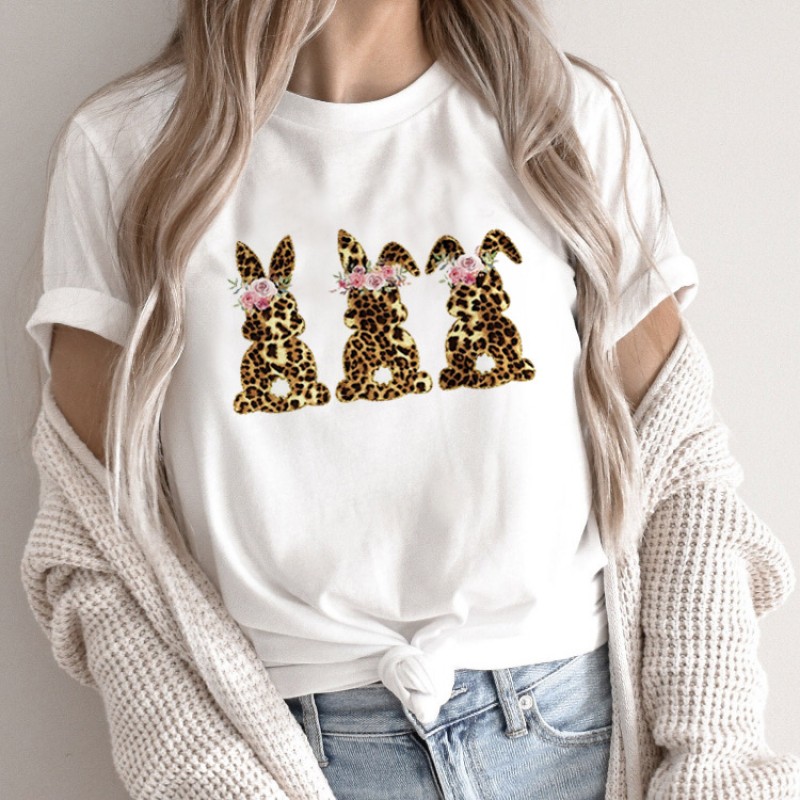 Summer Women Fashion Cartoon Rabbit Print Round Neck Short Sleeve T-Shirt