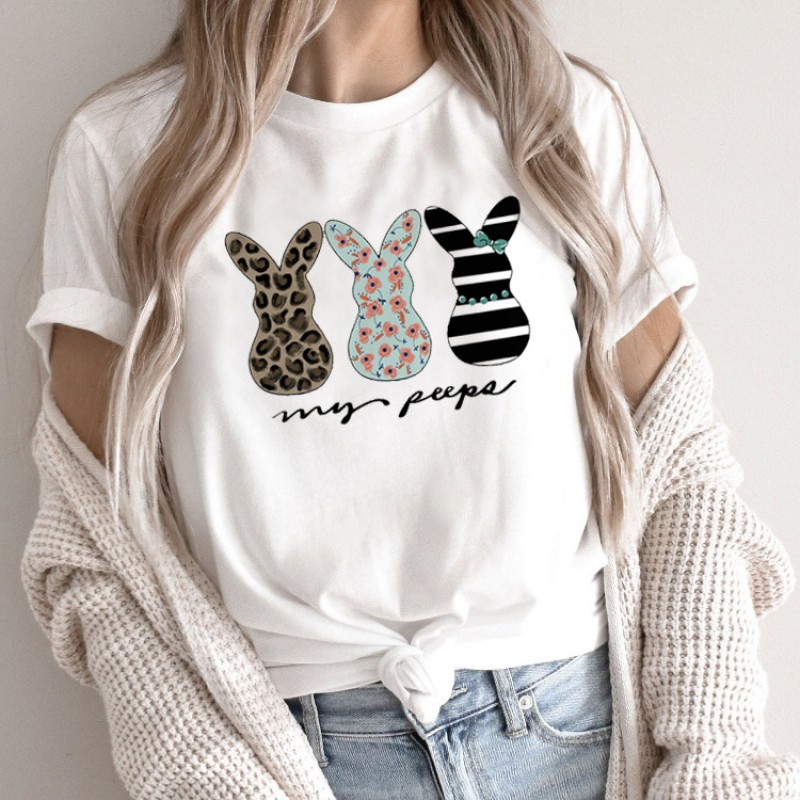 Summer Women Fashion Cartoon Rabbit Print Round Neck Short Sleeve T-Shirt