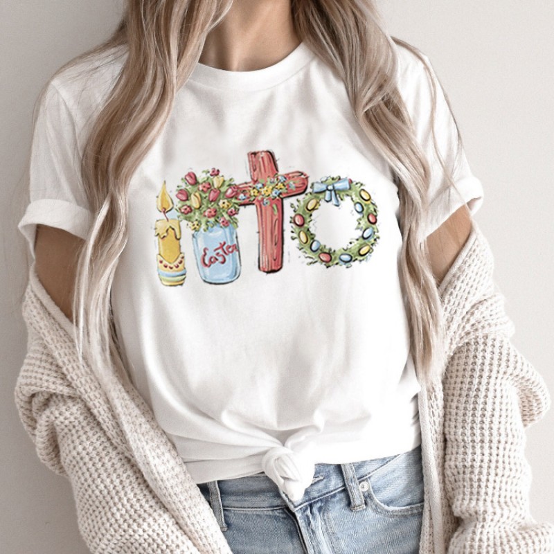 Summer Women Fashion Cartoon Rabbit Print Round Neck Short Sleeve T-Shirt
