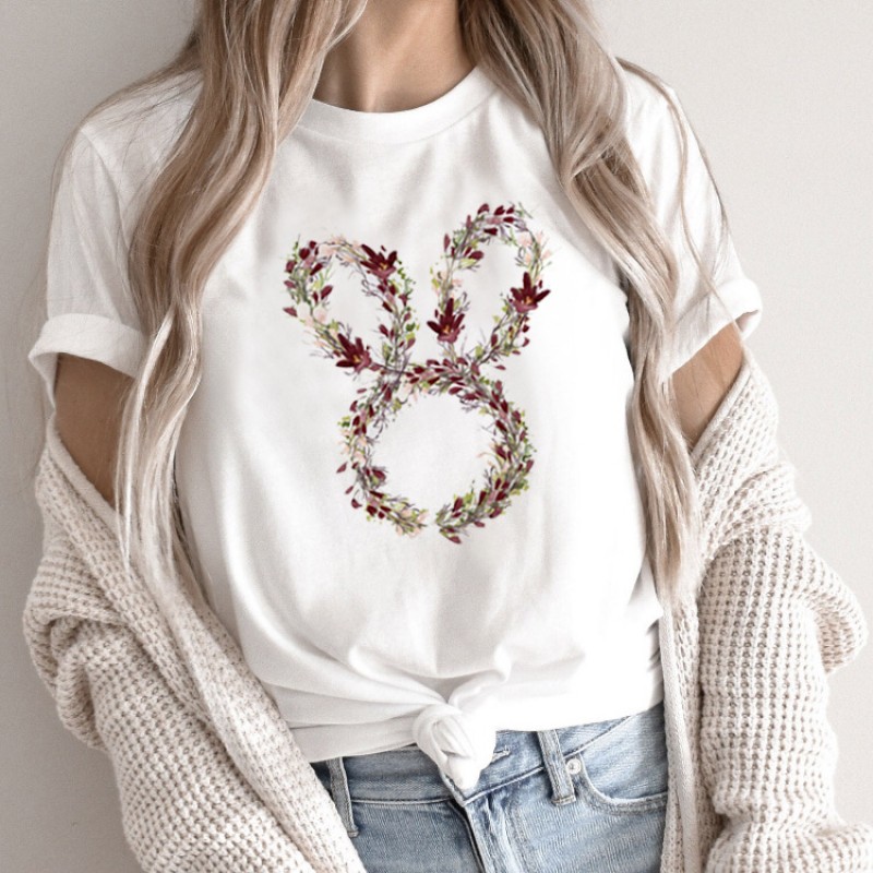 Summer Women Fashion Cartoon Rabbit Print Round Neck Short Sleeve T-Shirt