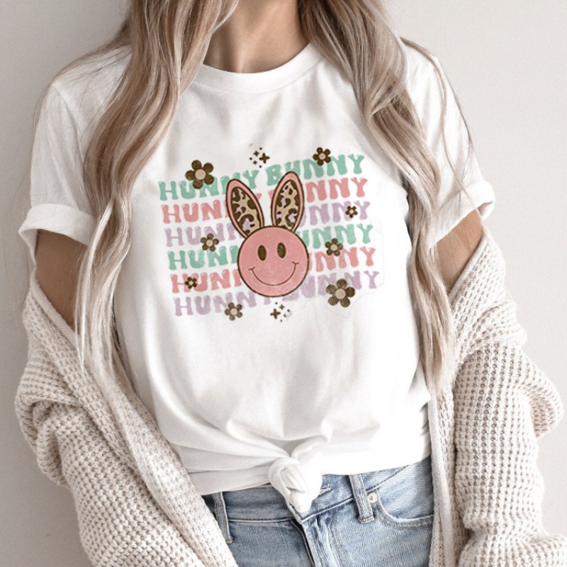 Summer Women Fashion Cartoon Rabbit Print Round Neck Short Sleeve T-Shirt