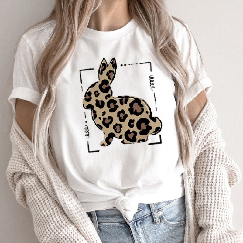 Summer Women Fashion Cartoon Rabbit Print Round Neck Short Sleeve T-Shirt
