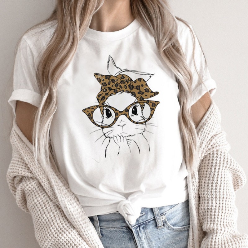 Summer Women Fashion Cartoon Rabbit Print Round Neck Short Sleeve T-Shirt