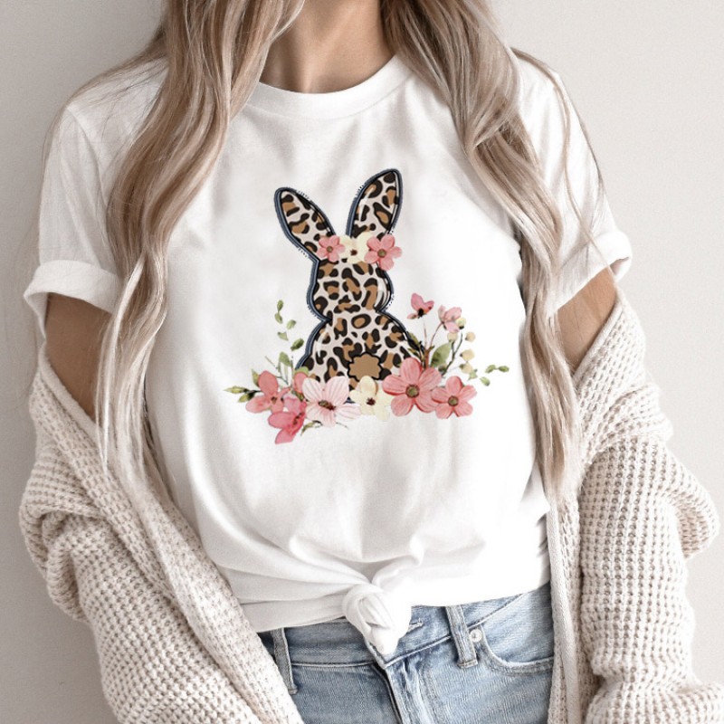 Summer Women Fashion Cartoon Rabbit Print Round Neck Short Sleeve T-Shirt