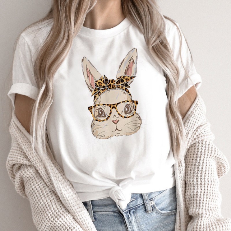 Summer Women Fashion Cartoon Rabbit Print Round Neck Short Sleeve T-Shirt