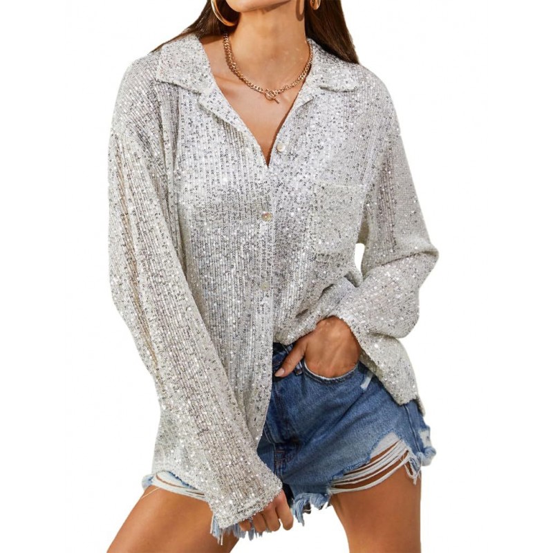 Women Fashion V-Neck Sequin Long Sleeve Shirt Top