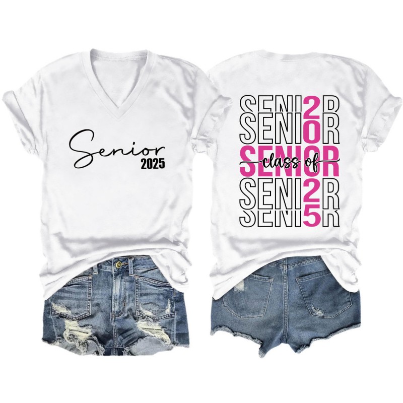 Women Fashion Casual 2025 Letter Print V-Neck Short Sleeve T-Shirt