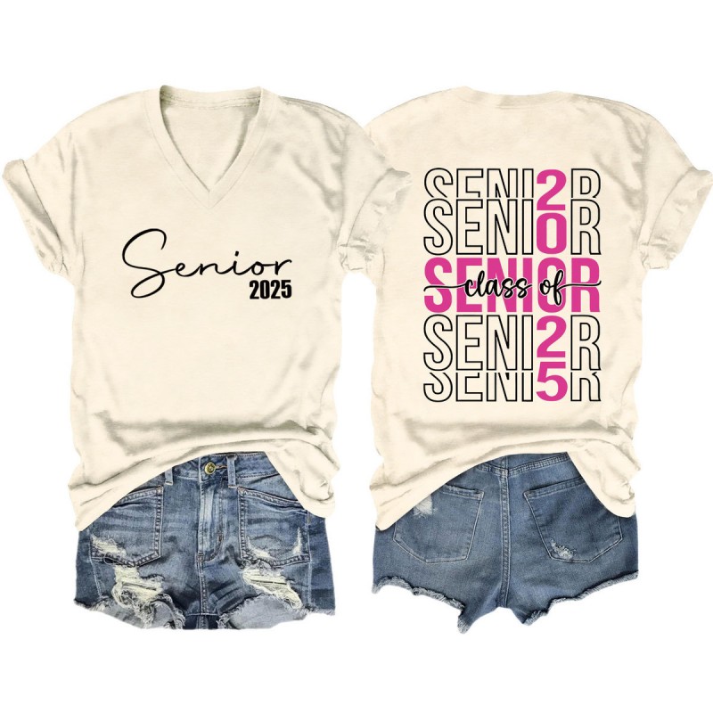 Women Fashion Casual 2025 Letter Print V-Neck Short Sleeve T-Shirt