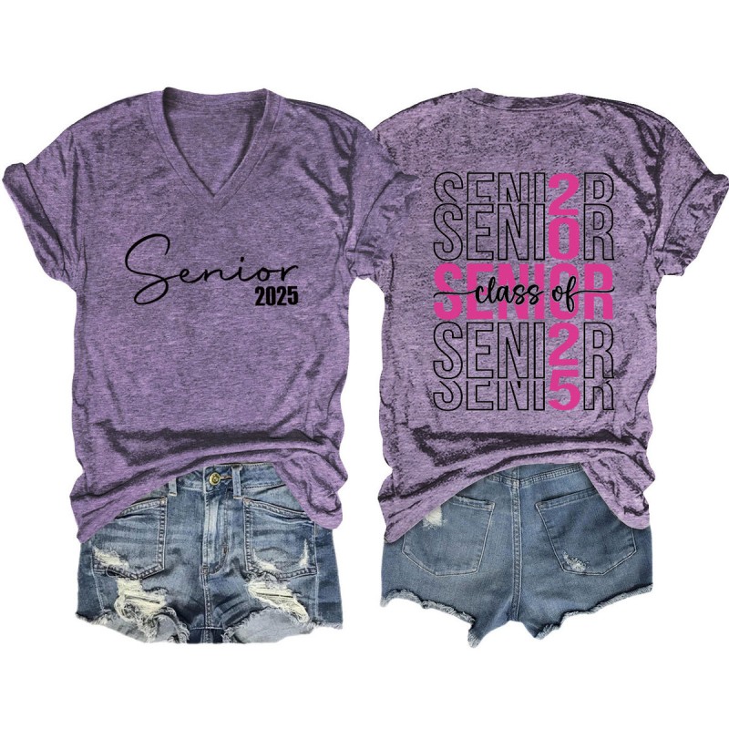 Women Fashion Casual 2025 Letter Print V-Neck Short Sleeve T-Shirt
