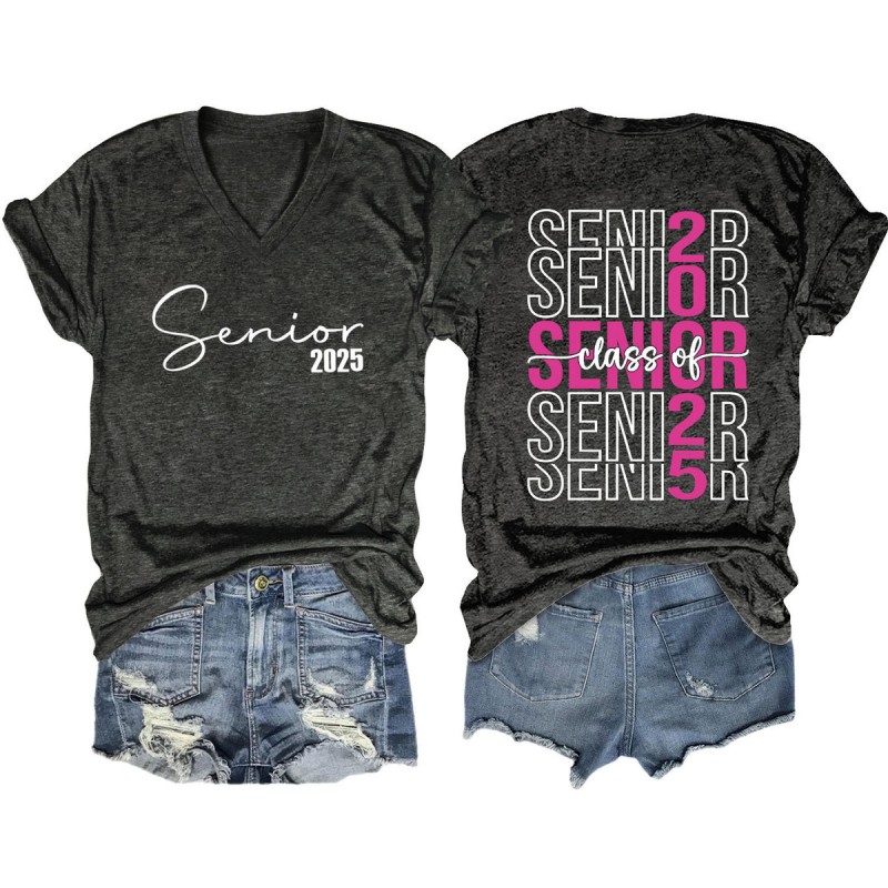 Women Fashion Casual 2025 Letter Print V-Neck Short Sleeve T-Shirt