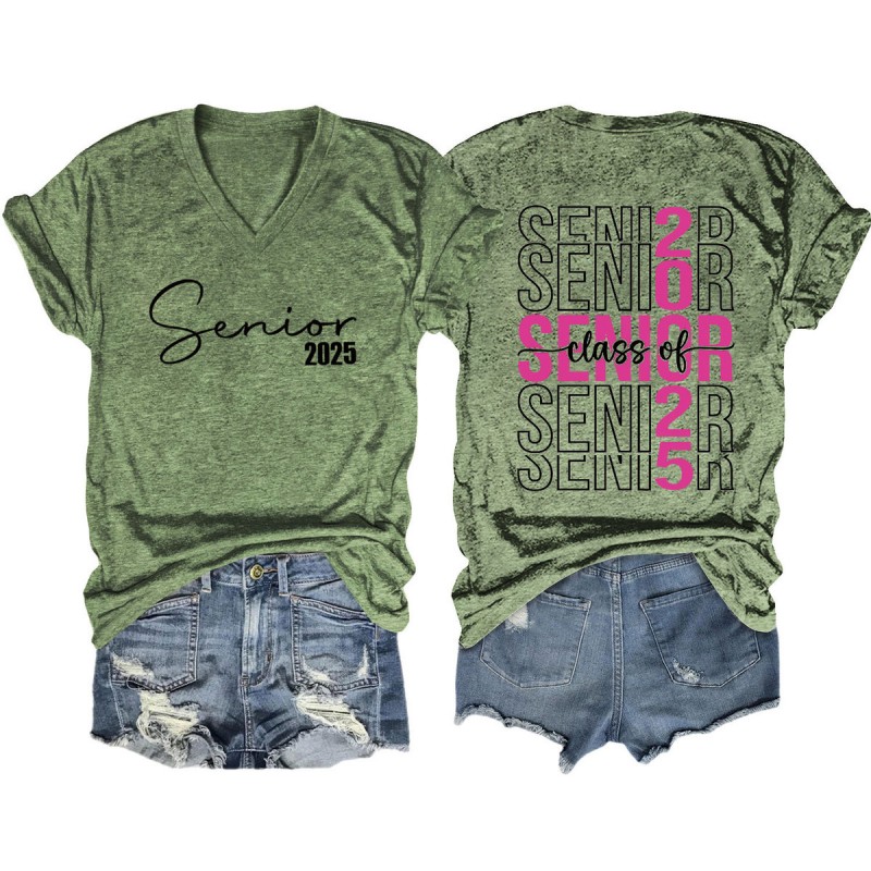 Women Fashion Casual 2025 Letter Print V-Neck Short Sleeve T-Shirt