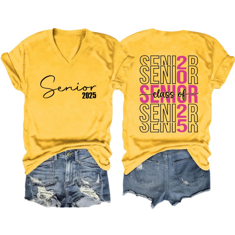 Women Fashion Casual 2025 Letter Print V-Neck Short Sleeve T-Shirt