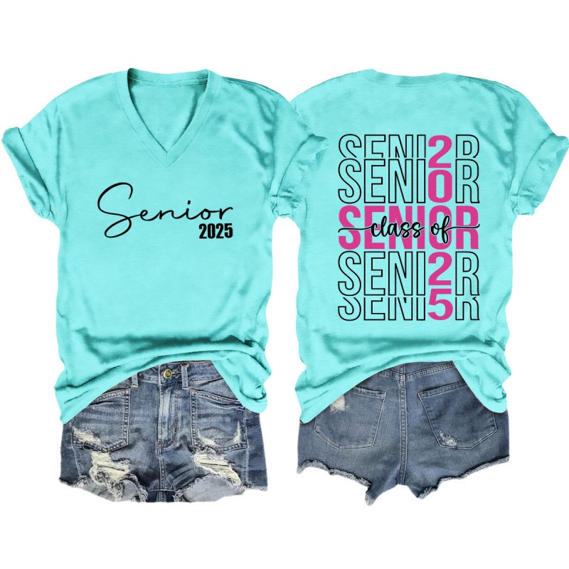 Women Fashion Casual 2025 Letter Print V-Neck Short Sleeve T-Shirt