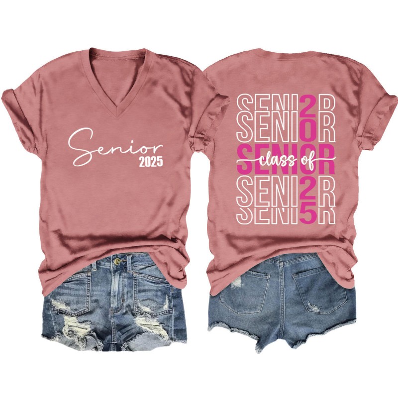 Women Fashion Casual 2025 Letter Print V-Neck Short Sleeve T-Shirt