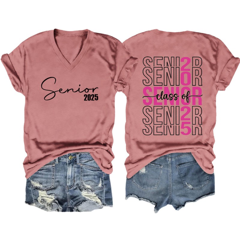 Women Fashion Casual 2025 Letter Print V-Neck Short Sleeve T-Shirt