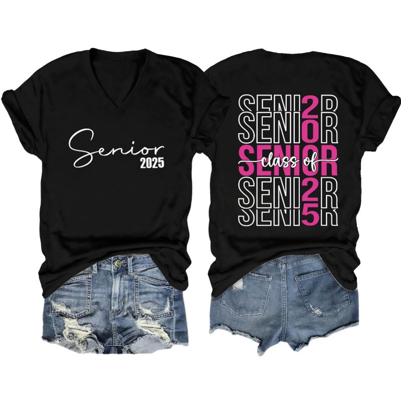 Women Fashion Casual 2025 Letter Print V-Neck Short Sleeve T-Shirt