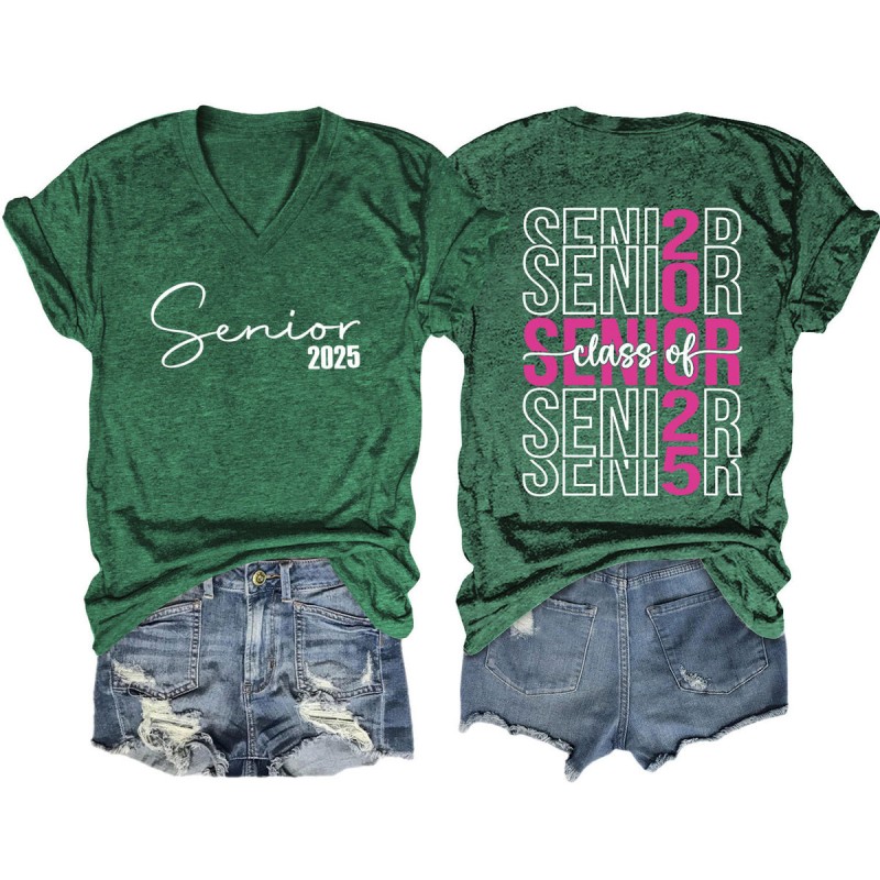 Women Fashion Casual 2025 Letter Print V-Neck Short Sleeve T-Shirt