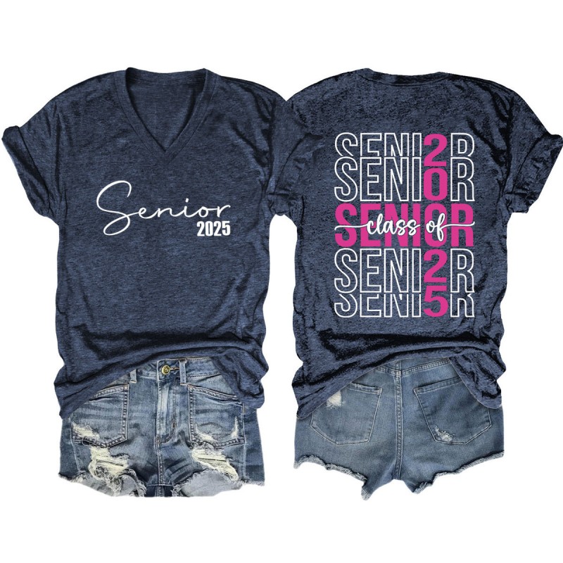 Women Fashion Casual 2025 Letter Print V-Neck Short Sleeve T-Shirt