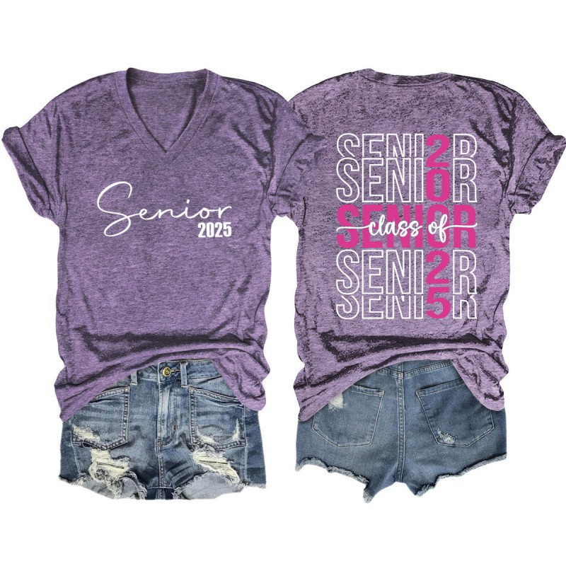 Women Fashion Casual 2025 Letter Print V-Neck Short Sleeve T-Shirt