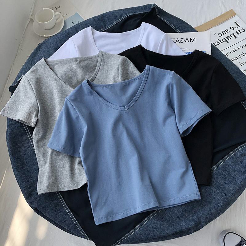 Basic Women Short-Sleeved V-Neck Solid Color Crop ...